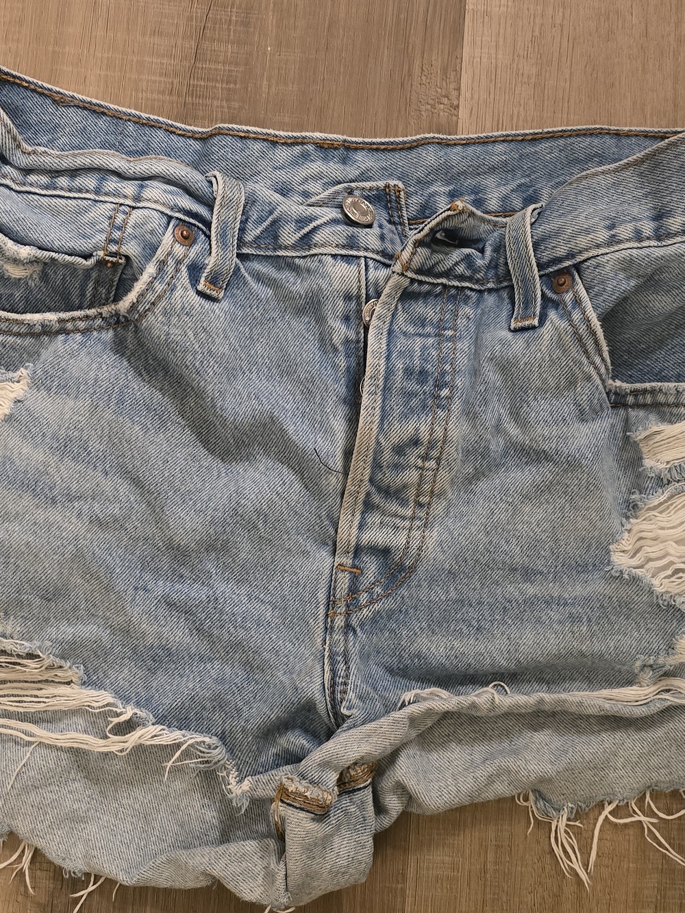Light Blue Distressed Denim Shorts - Women